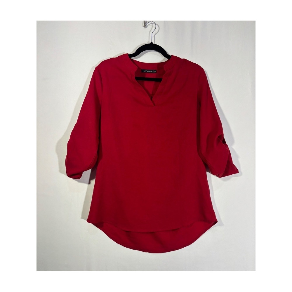 Business Casual Veranee Roll Tab Sleeve Blouse Womens Medium Red